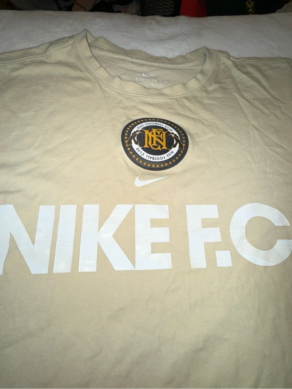 Nike Men's Short Sleeve F.C. Logo Tee - Beige with White Graphics
